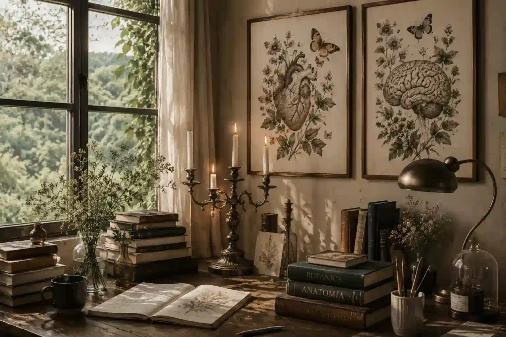Ilustracion de un cuarto con imagenes de corazon y cerebro con flores y mariposas